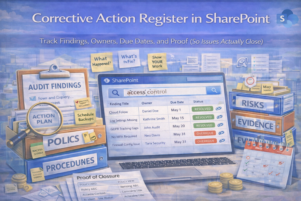 Corrective Action Register in SharePoint for ISO 27001 & SOC 2