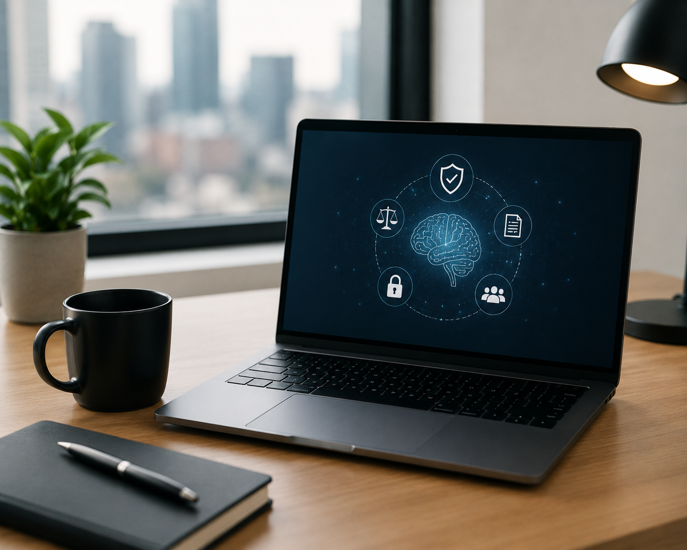 AI governance illustration showing an AI Management System dashboard with risk, data, transparency, security, and human oversight around ISO 42001 audit readiness.